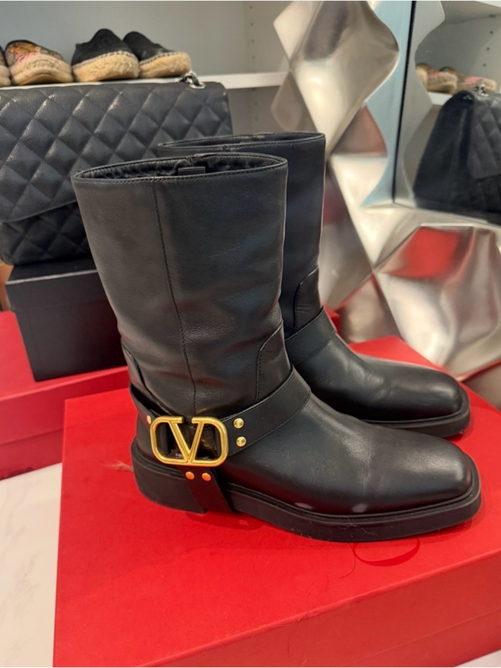 Valentino Garavani Black Leather Lace-Up Mid-Calf Boots with Gold V Buckle